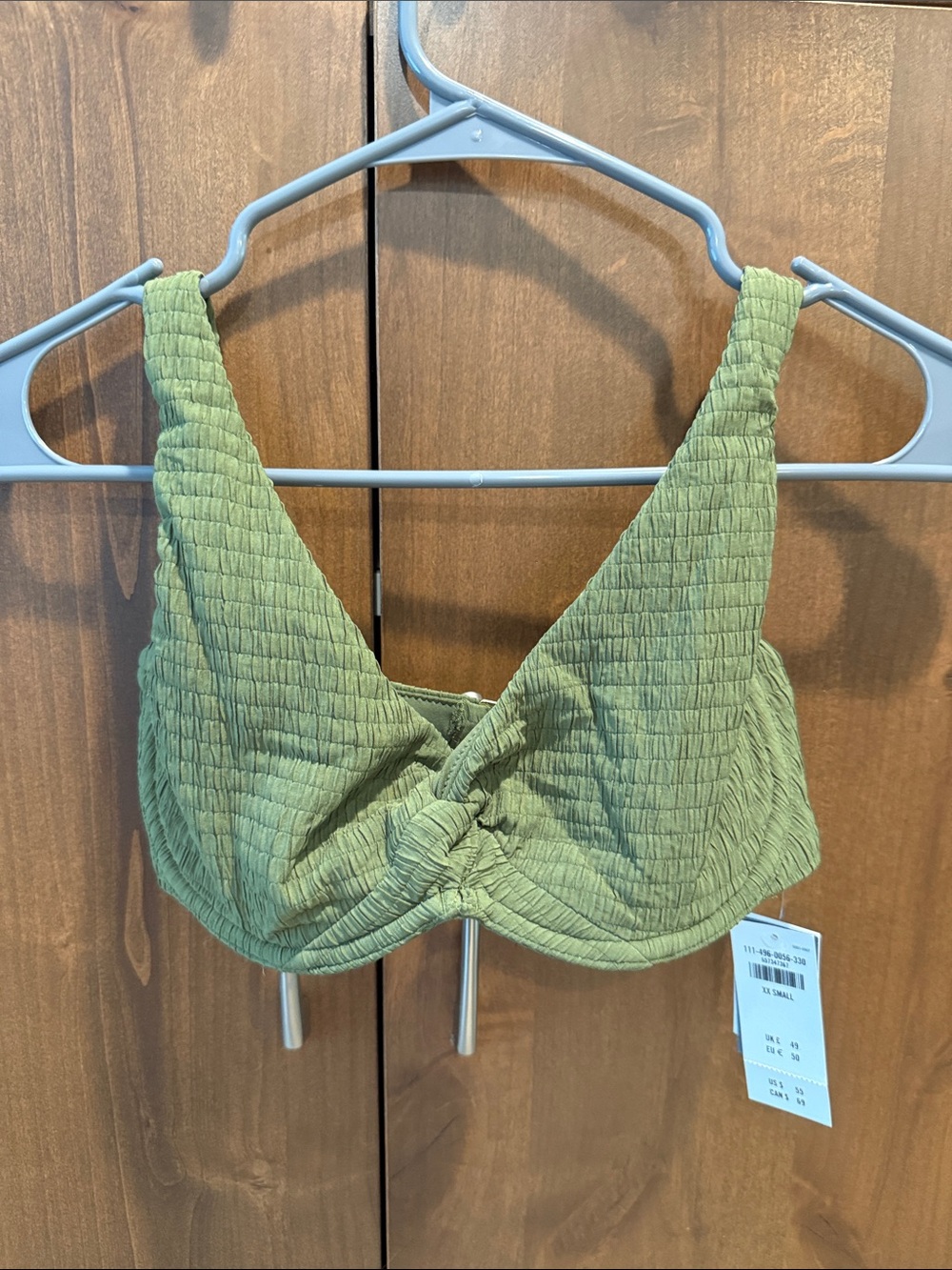 NWT Abercrombie Curve Love XXS Olive Green Textured Knot Front Bikini Top